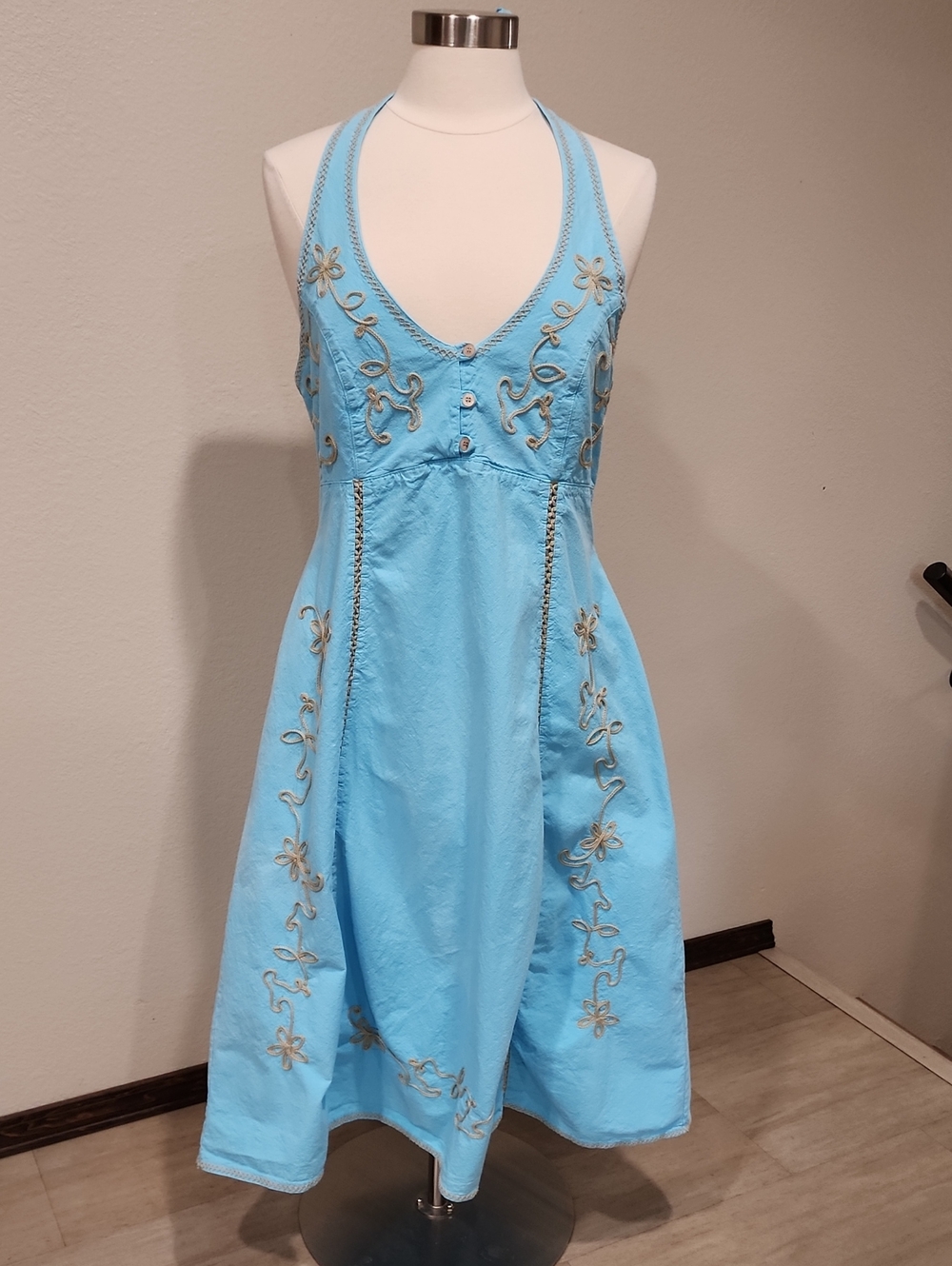Scully Halter Dress Embroidered Sky Blue Smocked Back Floral Western size XL
